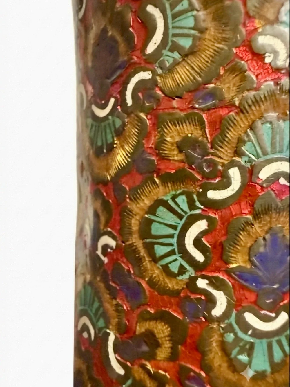 Vintage Chinese Cloisonné Brass Vase 11.5” Red Floral Enamel Asian Decor